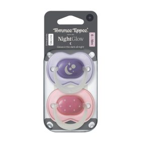   Tommee Tippee Night Glow éjszakai nyugtató cumi sterilizáló tokkal 6-18 hó 2 db #433661 #lila-rózsaszín