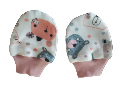 Wikids újszülött pamut kesztyű #coral-mogyi-türkiz-pöttyös maci