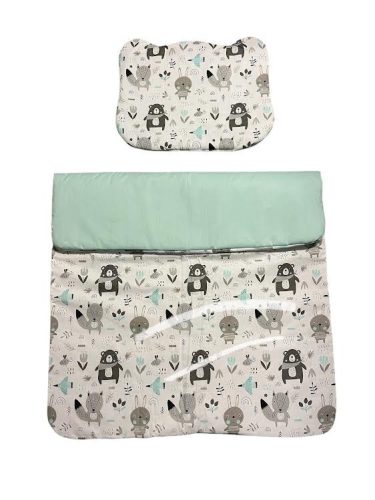 Wikids 3 részes ágyneműgarnitúra - Vászon - Erdei állatos szürke-menta