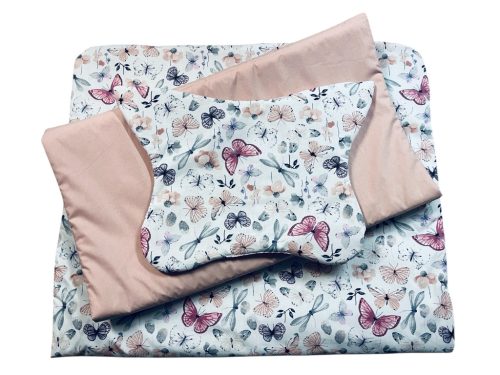 Wikids 3 részes ágyneműgarnitúra - pillangós szürke/púder vászon-púder rózsa vászon