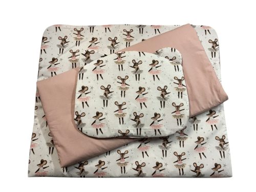 Wikids 3 részes ágyneműgarnitúra - rózsaszín egeres vászon/púder rózsa vászon