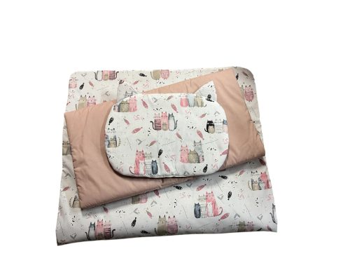 Wikids 3 részes ágyneműgarnitúra #mályva bézs cicás vászon-mályva vászon