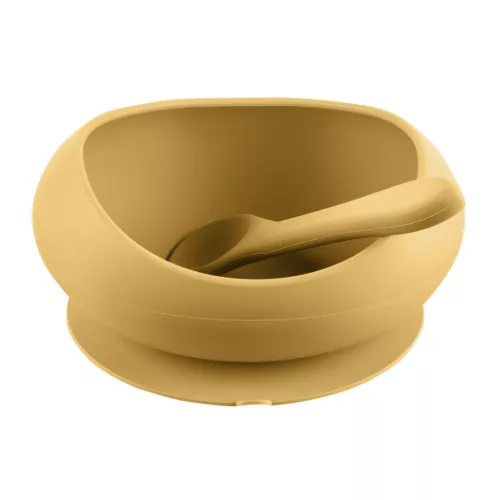 Zopa Szilikon tál tapadókoronggal és kanállal - mustársárga Mustard Yellow #ZOP086360